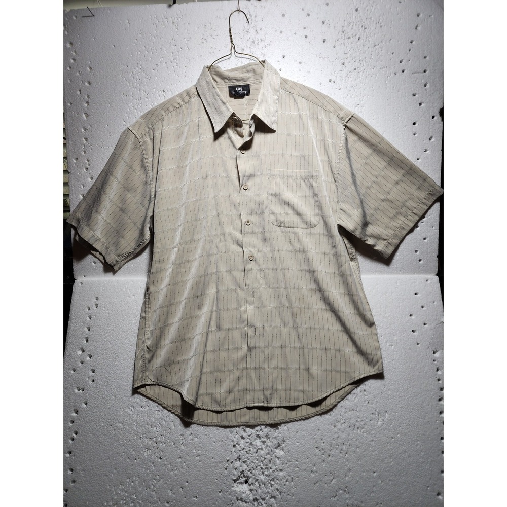 City Impact Shirt Men Large Beige Striped Short Sleeve Collared Buttons Up